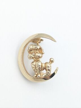 5/25$  Vintage small poodle dog inside crescent moon brooch pin
